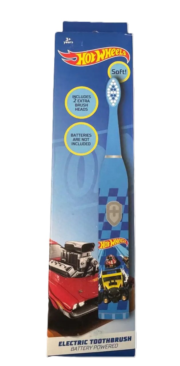 amutxfjruc.jpg Зубна щітка електрична Hot Wheels 3 years дитяча +2 насадки (на батарейки) - Зображення 1