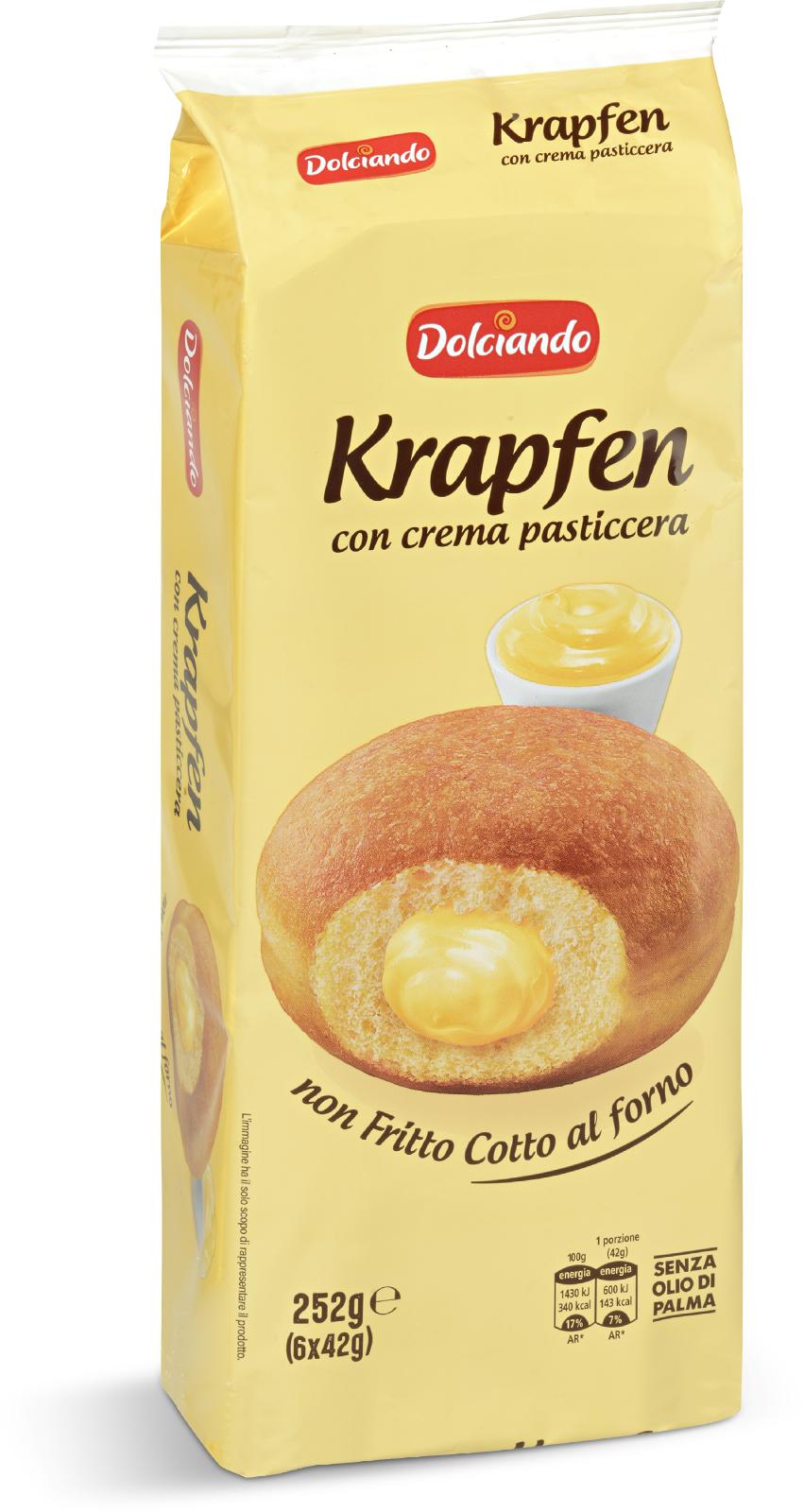 0x4dce8e7p.jpg Пончики Dolciando Krapfen con crema pasticcera з заварним кремом 252 г — изображение 1