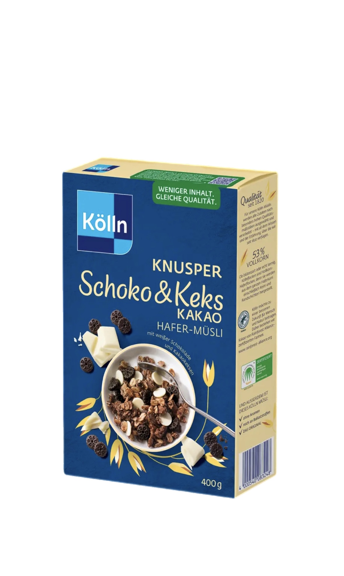 54cpbucydz.jpeg Вівсяні мюслі Kolln Knusper Schoko Keks kakao з білим шоколадом і какао-печивом 400г - Зображення 1