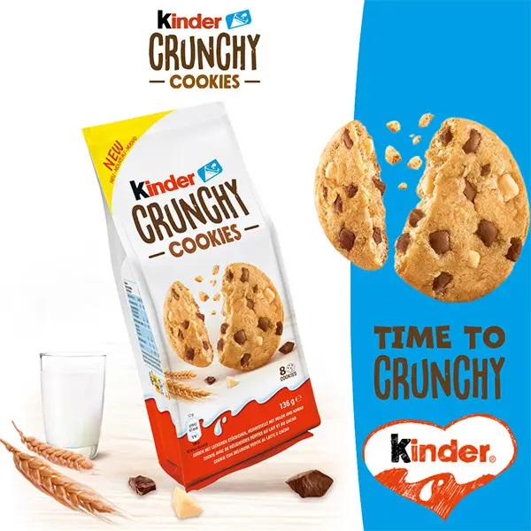 5atf2rgb4v.jpg Печиво Kinder злакове Crunchy Cookies зі шматочками шоколаду 136 г - Зображення 1