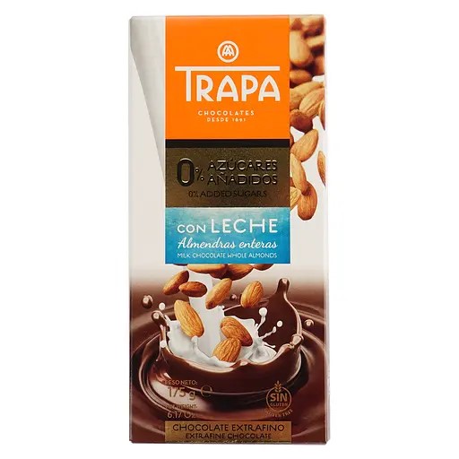 eph1qnrmy0.jpg Шоколад Trapa Intenso молочний з цільним мигдалем 175 г без цукру без глютену - Зображення 1