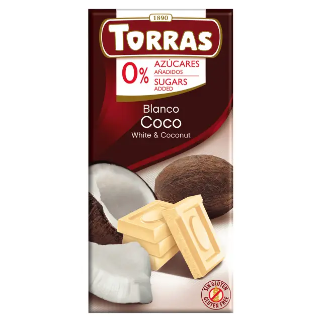 h9w58yyeqn.jpeg Шоколад Torras білий з кокосом 75 г без цукру без глютену - Зображення 1