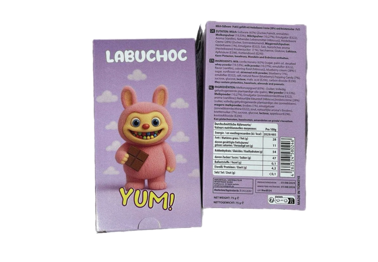 k1h7esti73.jpeg Шоколад Labuchoc молочний шоколад з чорничним кремом (фіолетова) 75 г - Зображення 1