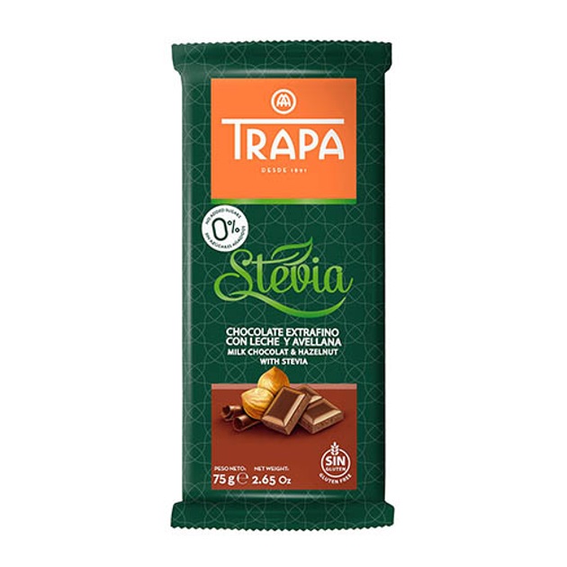 q50rve19lx.jpg Шоколад Trapa Stevia молочний з фундуком 75 г без цукру без глютену - Зображення 1
