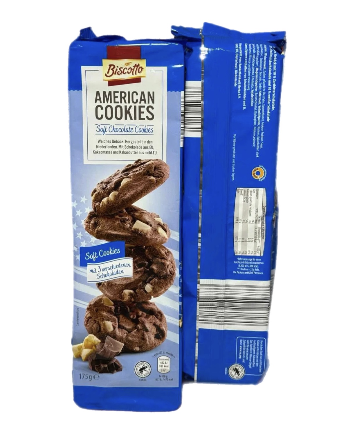 uh0qutlojt.jpeg Печиво Biscotto American Cookies з трьома видами шоколаду 175 г - Зображення 1