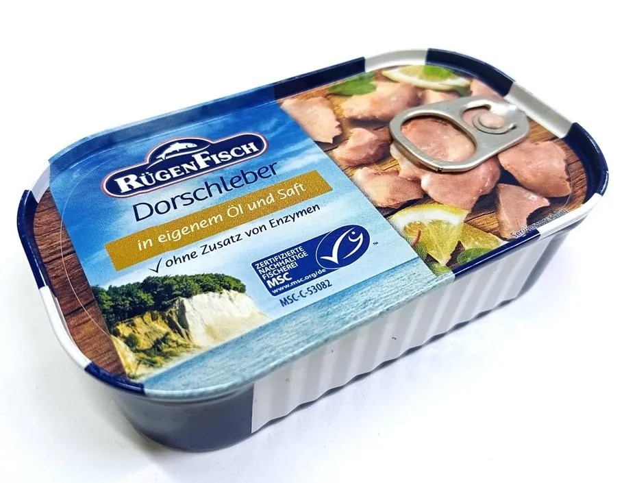 57y1vjpw71.jpg Печінка тріски Rugen Fisch в олії та у власному соці 120 г - Зображення 1