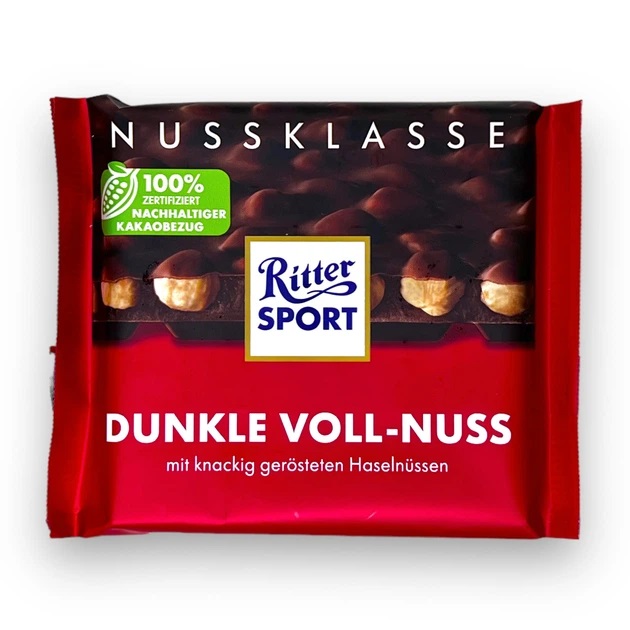 v1zb0jo3eu.jpg Шоколад Ritter Sport dunkle voll-nuss чорний шоколад з лісовим горіхом 100 грам - Зображення 1
