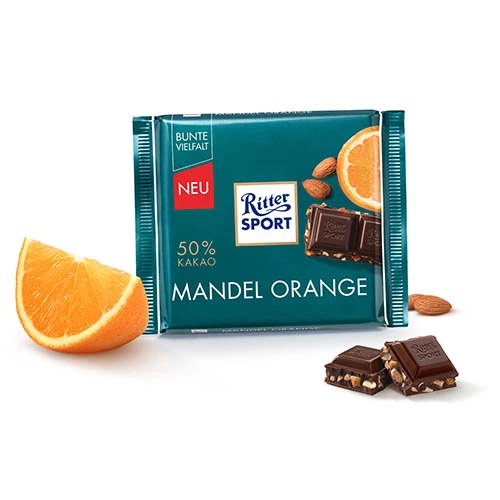 b1e9wy0twa.jpg Шоколад Ritter Sport Dark Mandel Orange чорний шоколад з апельсином та мигдалем 100 г - Зображення 1