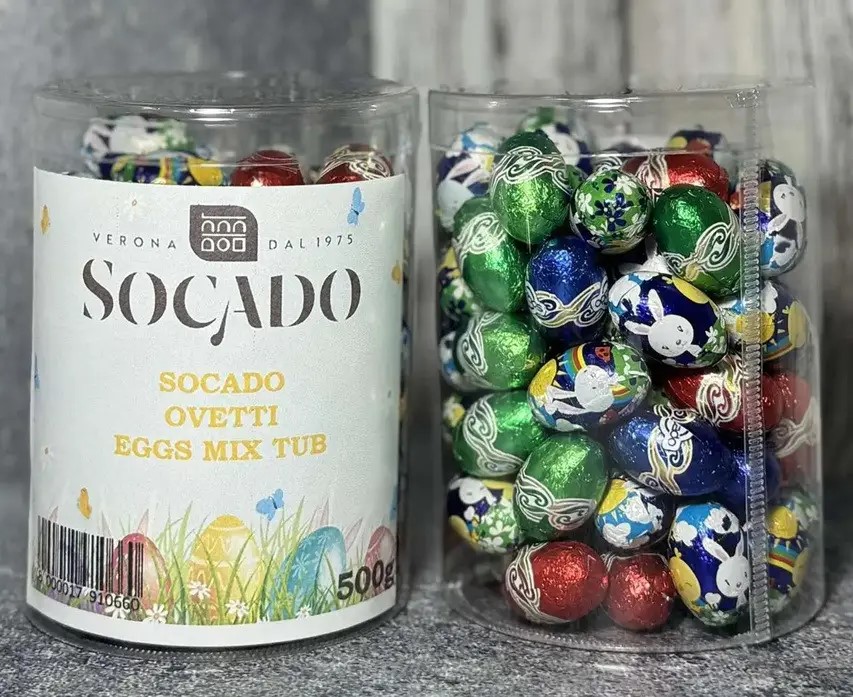 husoglnjmq.jpg Шоколадні яйця Socado Ovetti Eggs Mix TUB (тубус) 500 г - Зображення 1