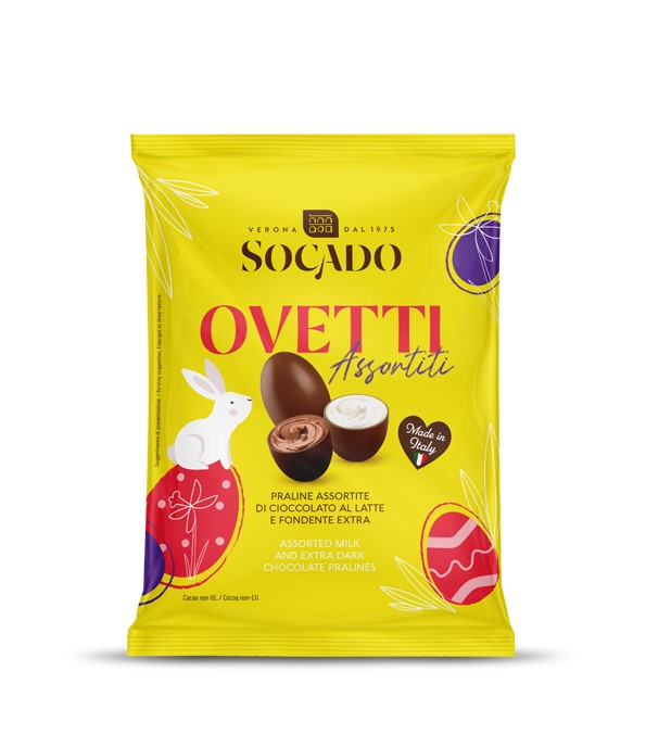 oelz0tedcj.jpg Шоколадні яйця Socado Assortiti праліне з молочного і чорного шоколаду 110 г - Зображення 1