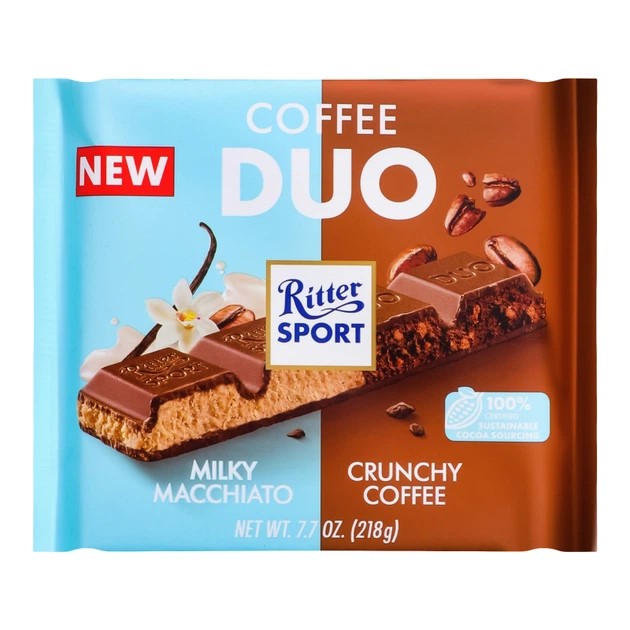 ombft72hvy.jpg Шоколад Ritter Sport Coffee Duo Milky Macchiato and Crunchy Coffee з молочного маккіато та хрусткої кави 218 г - Зображення 1
