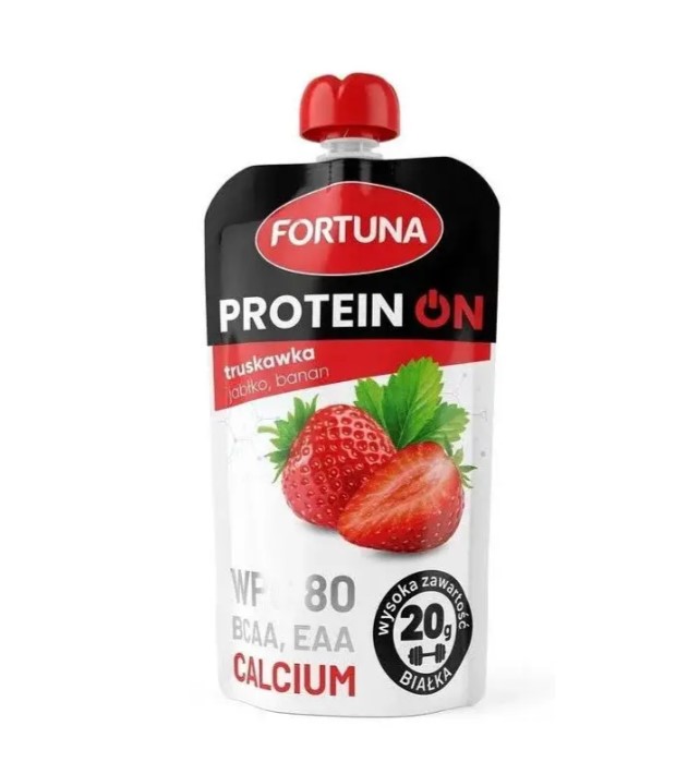 g17dmi10b2.jpg Мус Fortuna протеїновий Protein полуниця,яблуко,банан 180 г - Зображення 1