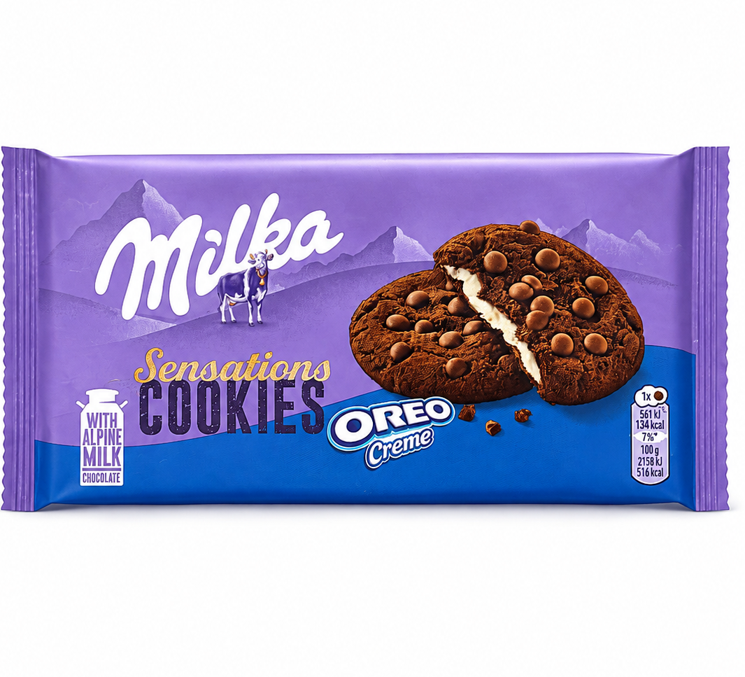 4ctdsio8hy.png Печиво Milka Sensations Cookies Oreo шоколадне зі шматочками шоколаду і начинкою орео 156 г - Зображення 1
