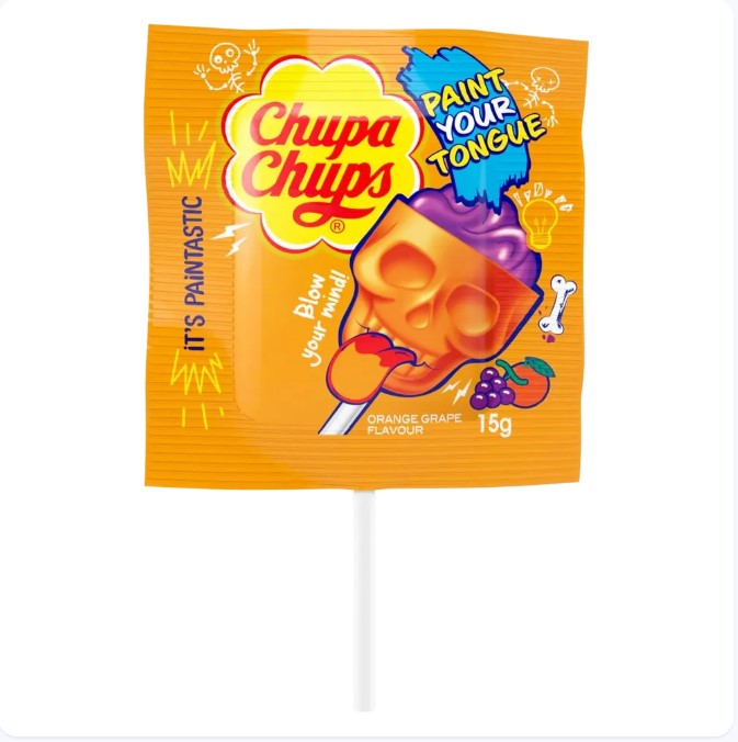 htgv9tbeb2.jpg Льодяник Chupa Chups Skull 3D розфарбуй язик зі смаком апельсину і винограду 15 г - Зображення 1