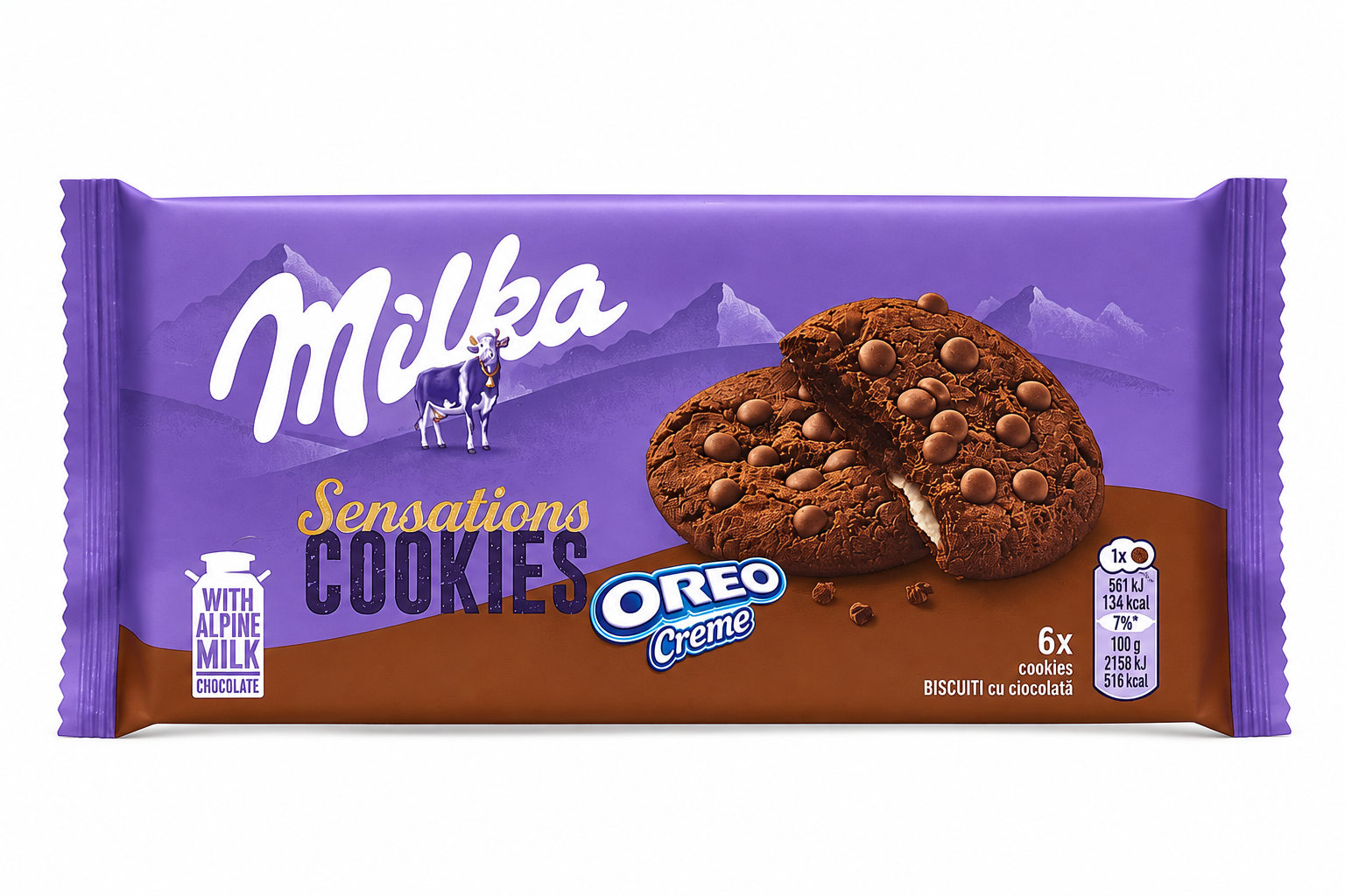 vgfnkllu73.png Печиво Milka Sensations Cookies шоколадне зі шматочками шоколаду і шоколадною начинкою 156 г - Зображення 1