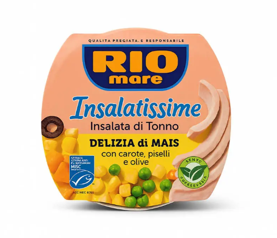 9dx6u6jmry.png Салат Rio mare Insalatissime Delizia di Mais з тунцем,оливками,кукурудзою,горошком і морквою 160 г - Зображення 1
