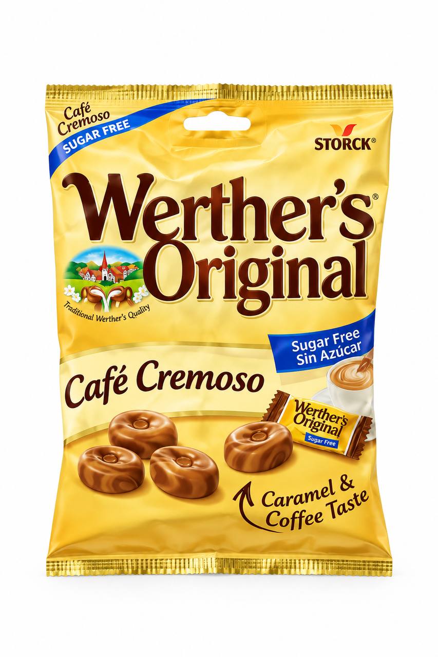 cndesw84hy.jpg Молочні льодяники Werthers Cafe Cremoso зі смаком капучіно без цукру 90 г - Зображення 1