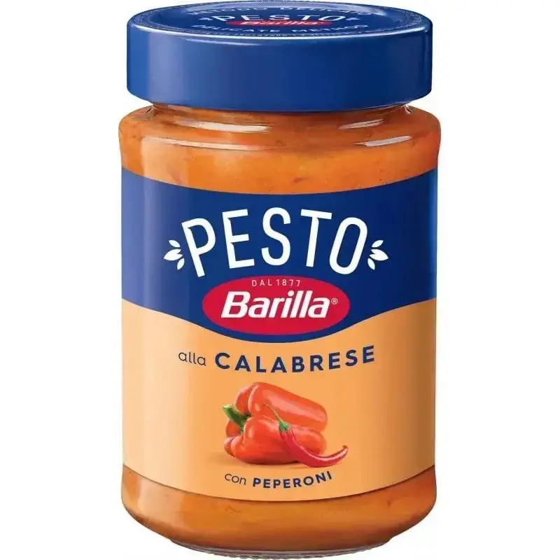 fw7zoy3lmu.png Соус Barilla Pesto Calabrese песто з паприкою,сиром рікотта та гострим перцем чилі 190 г - Зображення 1